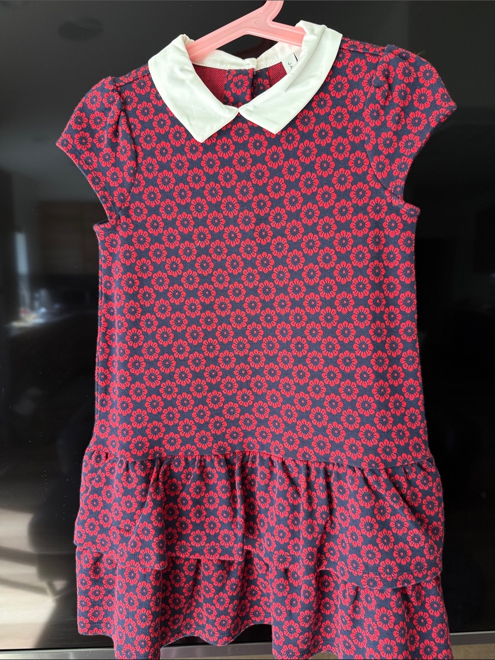 Janie and Jack Navy Dress with Pink Floral Print and White Peter Pan Collar